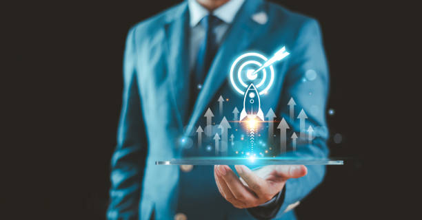 Increase strategy busines plan trend concept. Achieve growth goal sale marketing, increase success potential, soar rocket towards wealth. Competitive business rocket with up arrow investment icon