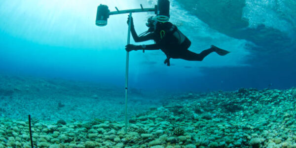 marine biologist surveys bleached coral